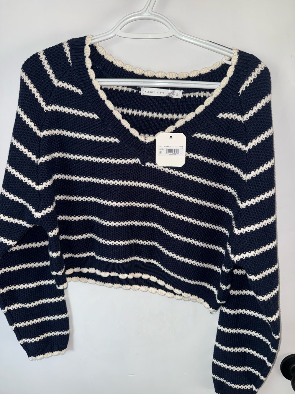 Altar'd State Navy and Cream Striped V-Neck Cropped Sweater NWT